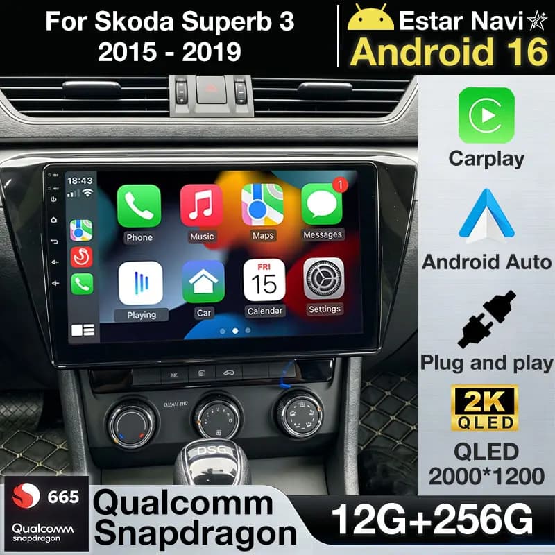 Autoradio Android 16 per Skoda Superb 3 2015-2019 con Carplay Wireless, Android Auto, Navigazione BT, Lettore Multimediale 2din