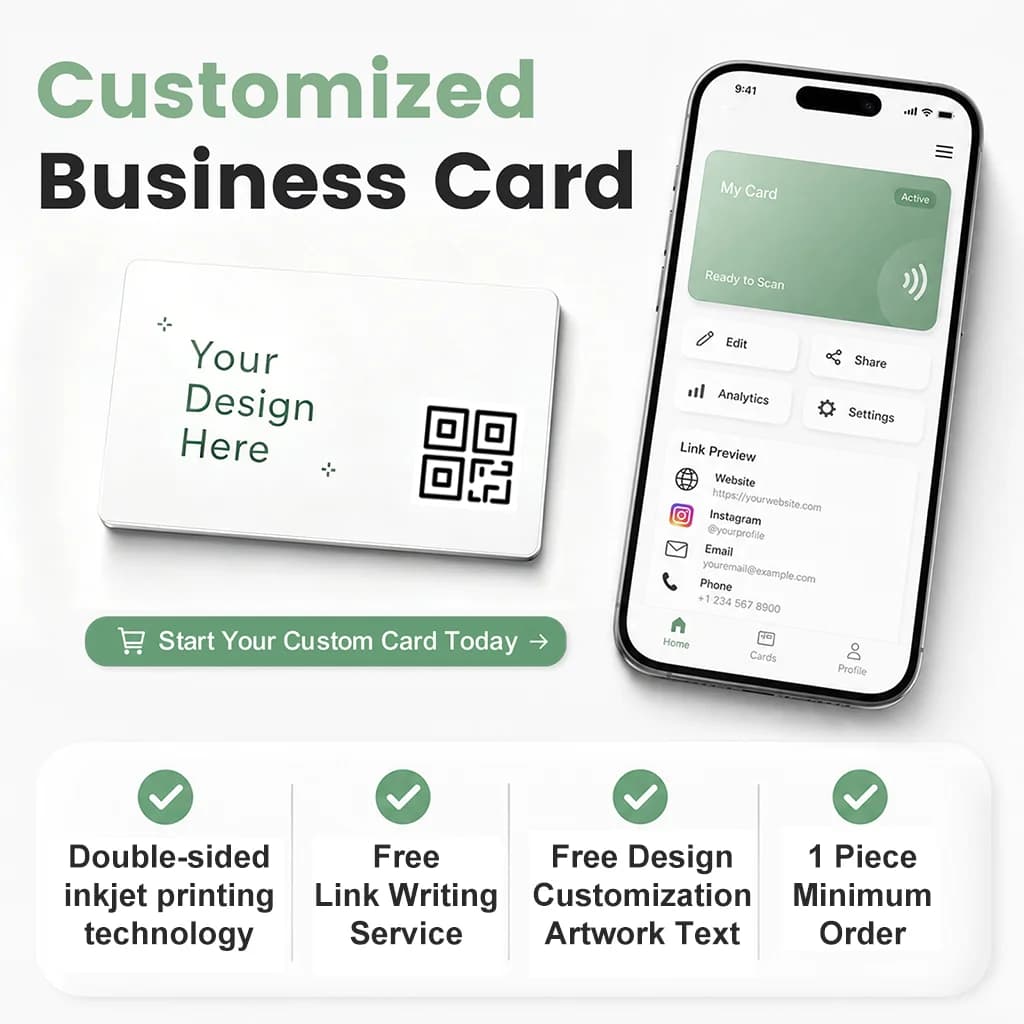 LOW MOQ NFC Digital Business Card 504B Digital Printing Custom Logo Rewritable Smart Card VCard with Social Media Links
