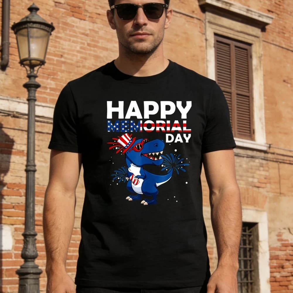 Maglietta con bandiera americana e dinosauri per il Memorial Day e il 4 luglio - Stampa simpatica con cartoni animati - Maglietta per la festa del 4 luglio americano
