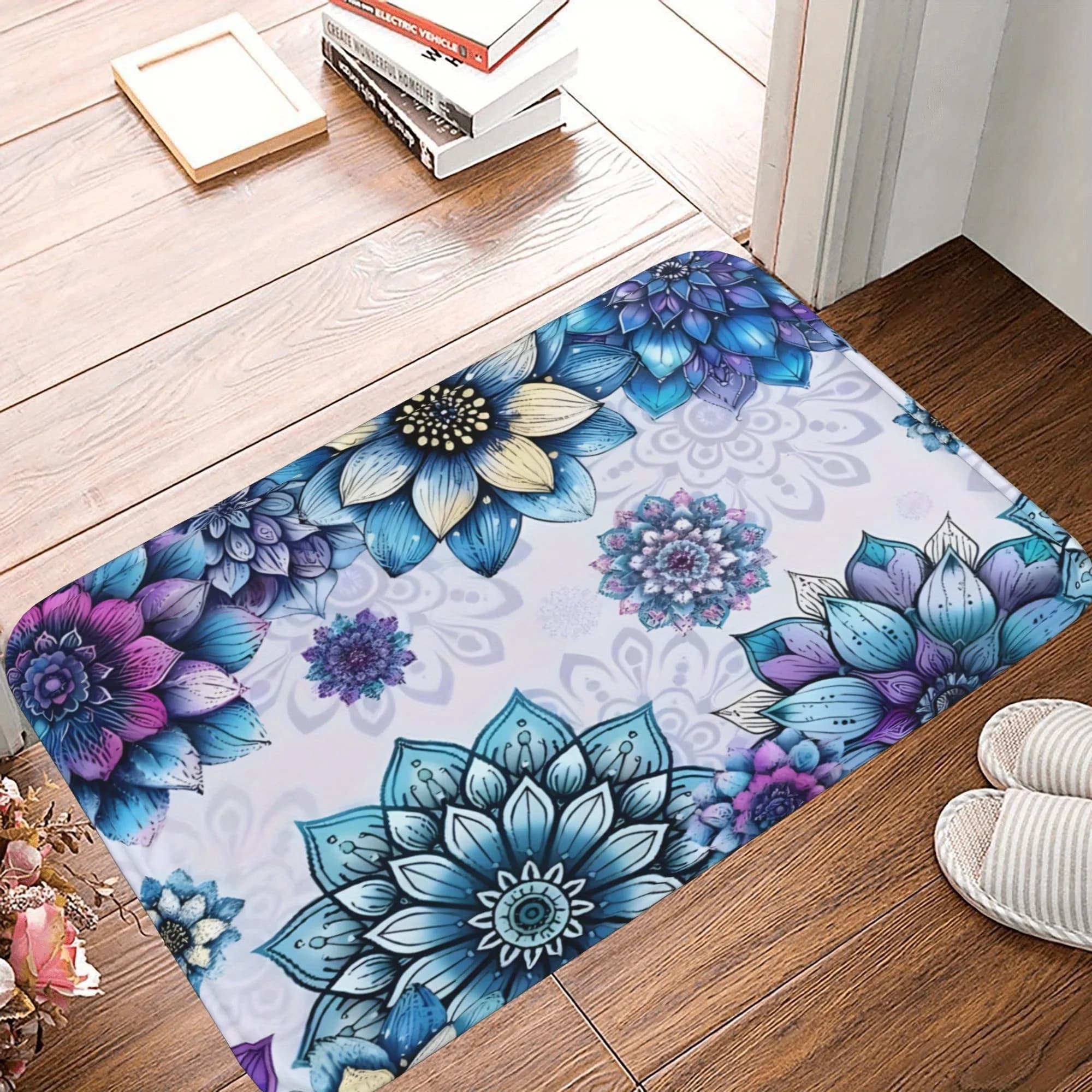 1PC Bule Flower Pattern Tappeto da cucina Tappetino antiscivolo Tappeto da bagno design pop Tappetino da bagno Tappeto per la casa Lavanderia Decor