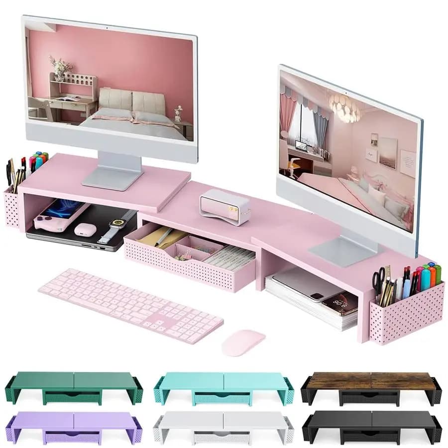Support for Double Monitor, Desk Organizer with Drawer and 2 Laptop, Office Accessories, Pink