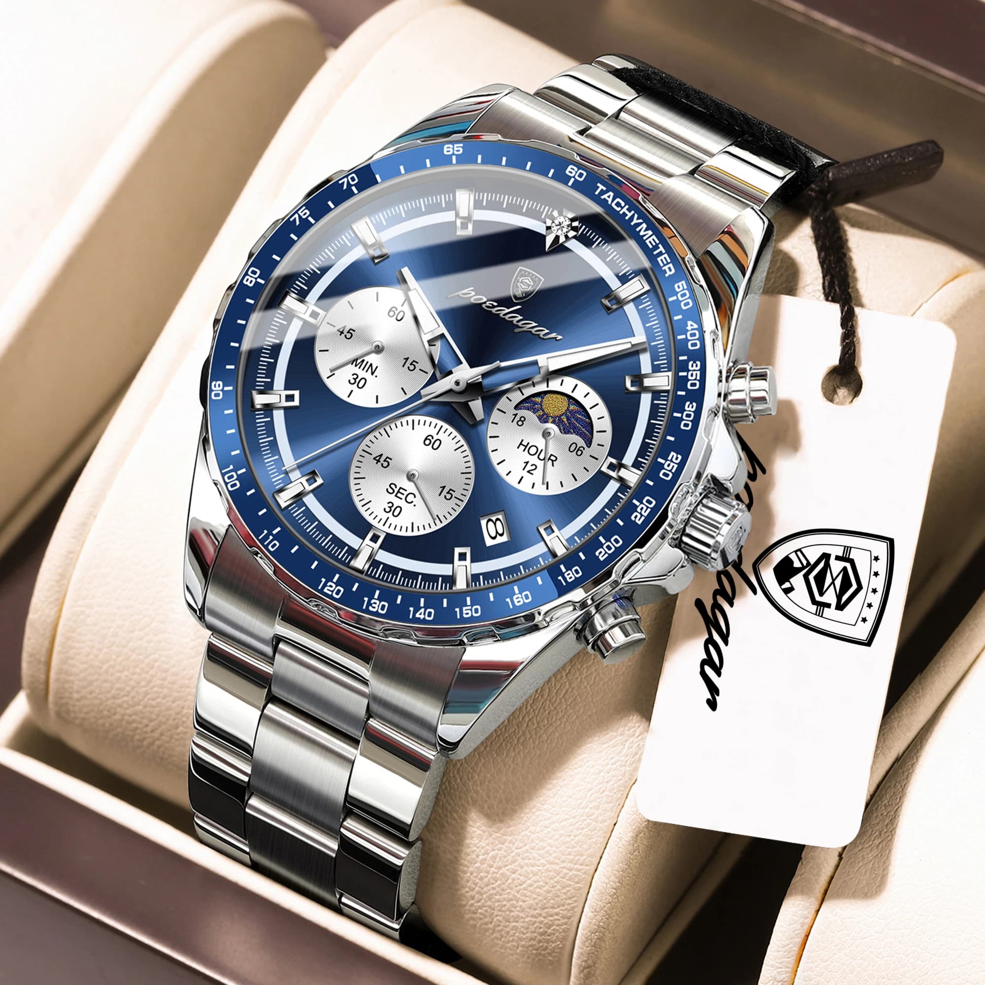 POEDAGAR Fashion Sports Man Wristwatch Waterproof Stainless Steel Luminous Men Watch Chronograph Date Quartz Men's Watches Reloj