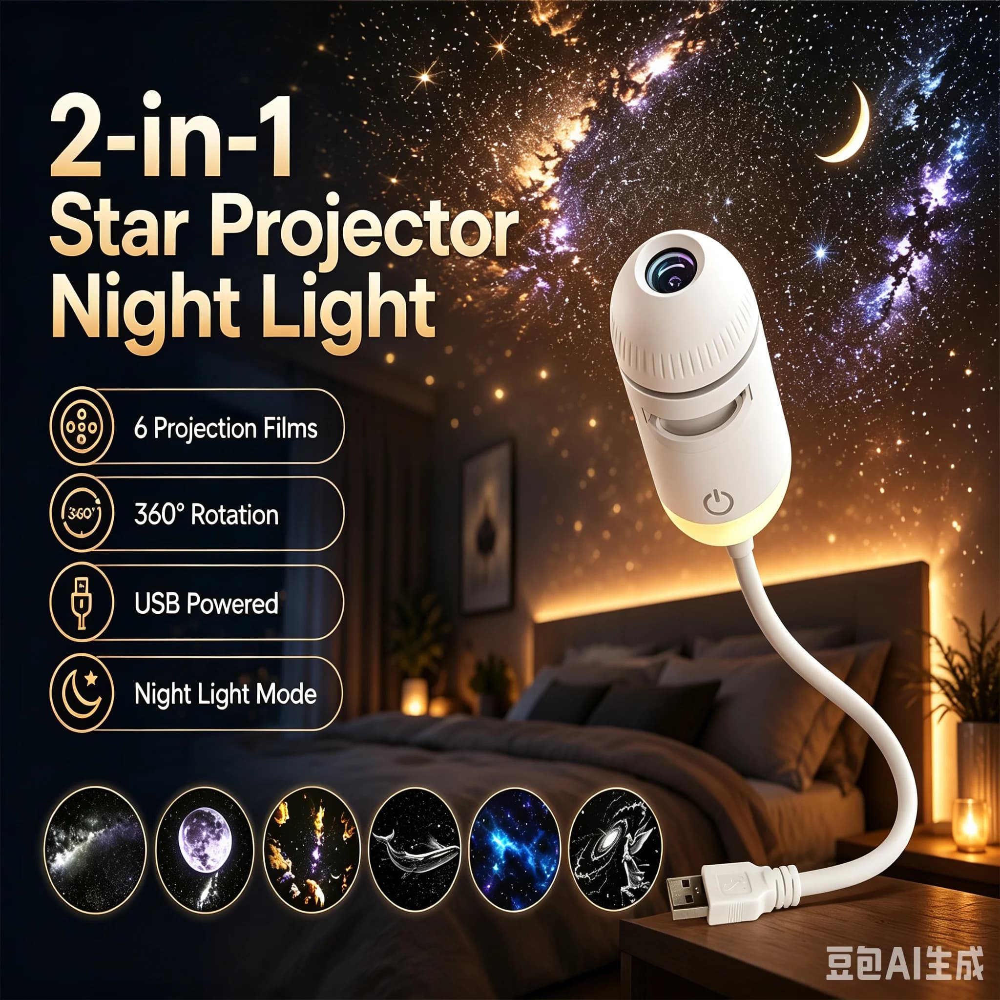 2-in-1 Mini Galaxy Star Projector Night Light – Starry Sky Ambient Lamp for Bedroom Sleep & Decoration Gifts for Kids Teens