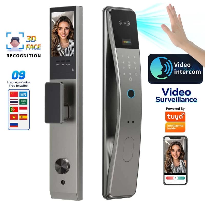 Serratura Intelligente Automatica con Impronta Digitale, Riconoscimento Facciale 3D, Interfono Visivo, Blocco con Password, Serratura Elettronica per Porta d'Ingresso
