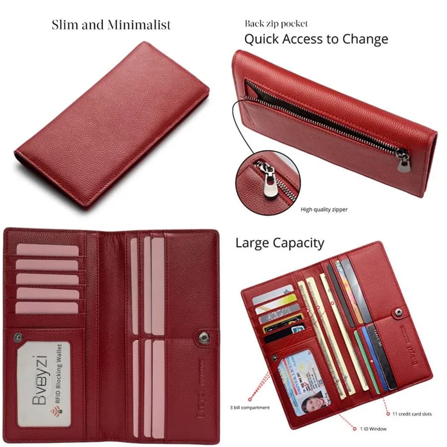 Bveyzi Ultra Slim Thin Leather RFID Blocking Credit Card Holder Bifold Clutch Wallets for Women