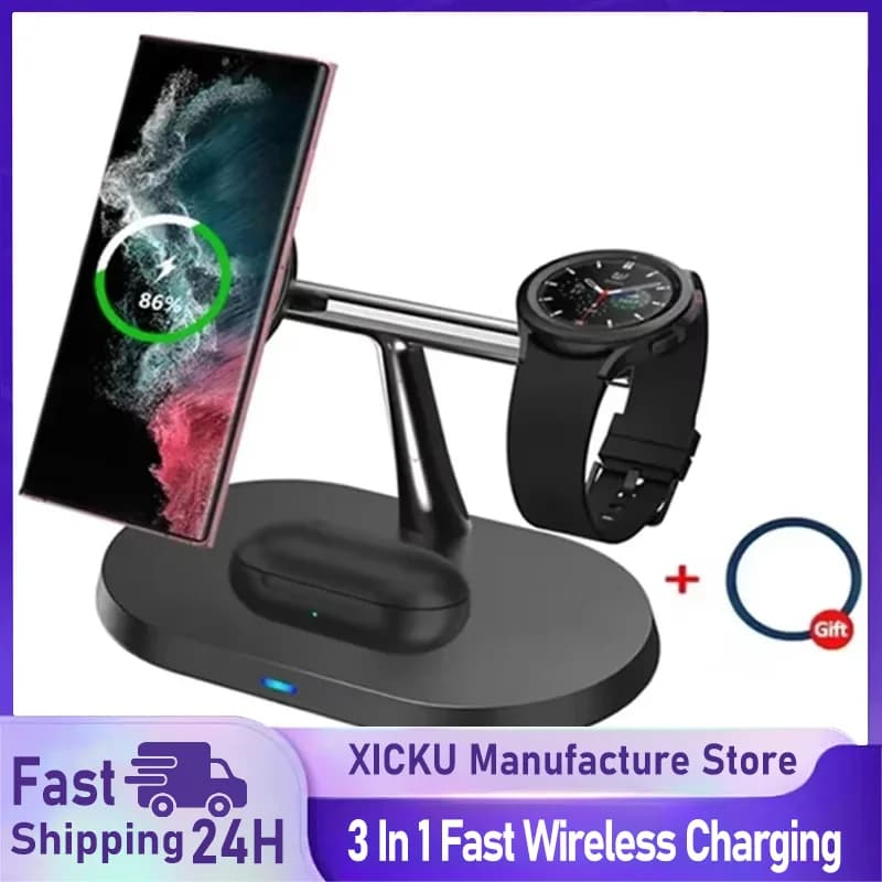 Stazione di ricarica super veloce per caricabatterie wireless magnetico 3 in 1 per Samsung Galaxy S25 S24 S23 Orologio 8 7 6 5 4 3 Active 1 2 Auricolari