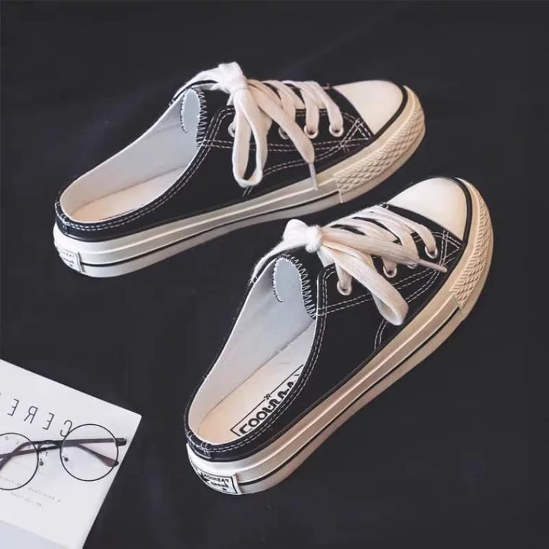Summer Women Mule White Shoes Backless Canvas Shoes Lady Slip-on Lazy Slippers Adult Breathable Sneakers Soft-soled Casual Shoes