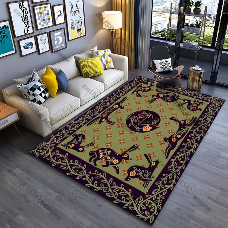 Carpet with floral design of rabbits and nature, yoga mat, living room, home decoration, baby cat mat, tirbino, carpet for games