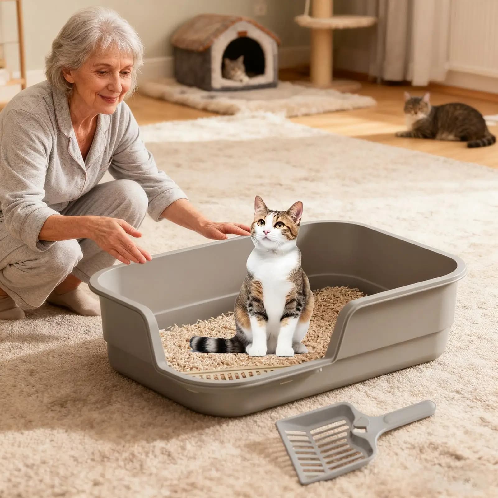 Anti Splash Cat Extra Wide Large Easy Clean With Scoop Litter Box Semi Covered Pet Toilet For Odor Control Indoor Kitten Senior