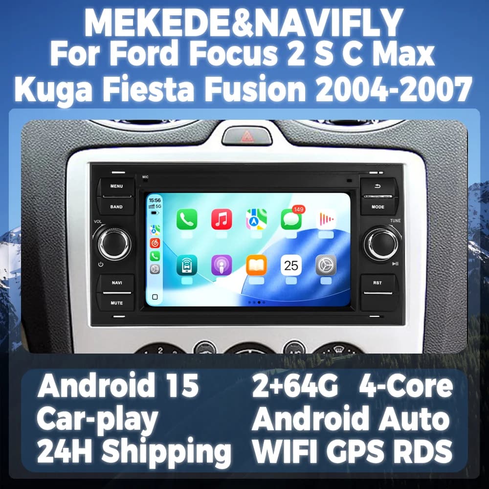 Schermo multimediale con Wireless CarPlay e Android Auto per Ford Focus 2 S C Max Kuga Fiesta Fusion 2004-2007, autoradio Android.