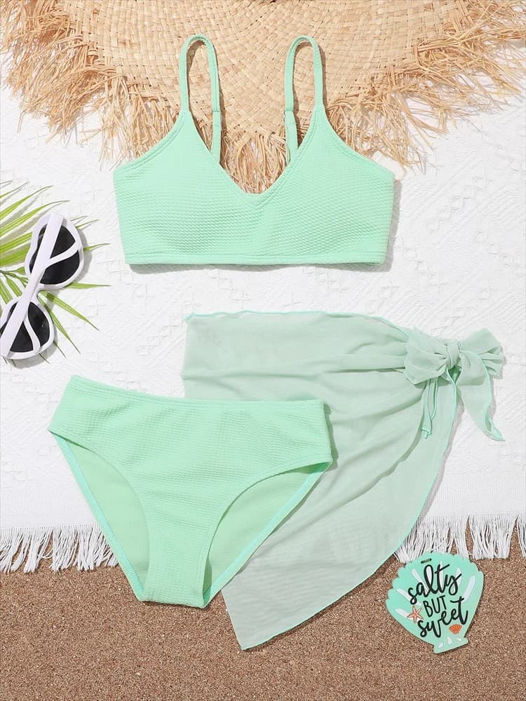 Costume da bagno bikini per bambina 2026, nuovo set bikini a costine tinta unita con spalline, costume da bagno a vita alta per bambini, tre pezzi, per la spiaggia