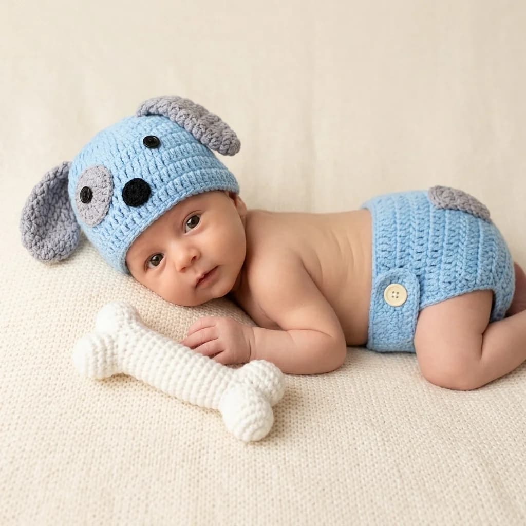 Set di Accessori per Fotografia Neonatale Fatti a Mano all'Uncinetto, Adorabile Outfit da Cagnolino per Bambini, Cappello Lavorato a Maglia e Copri-Pannolino, Regalo per Baby Shower