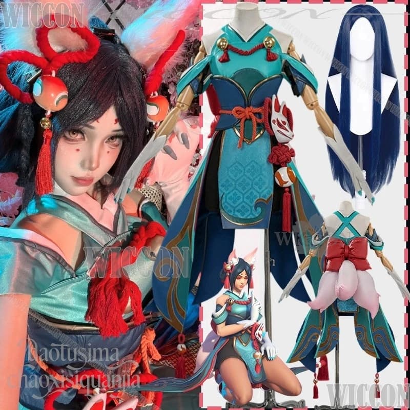 Costume Cosplay Owwww Kiriko Kamori Inari Fox, Japanese Uniforms Retro Mi Ko, Dress with Earrings and Coda of Pelose Foxes, for Halloween, Christmas and Carnival