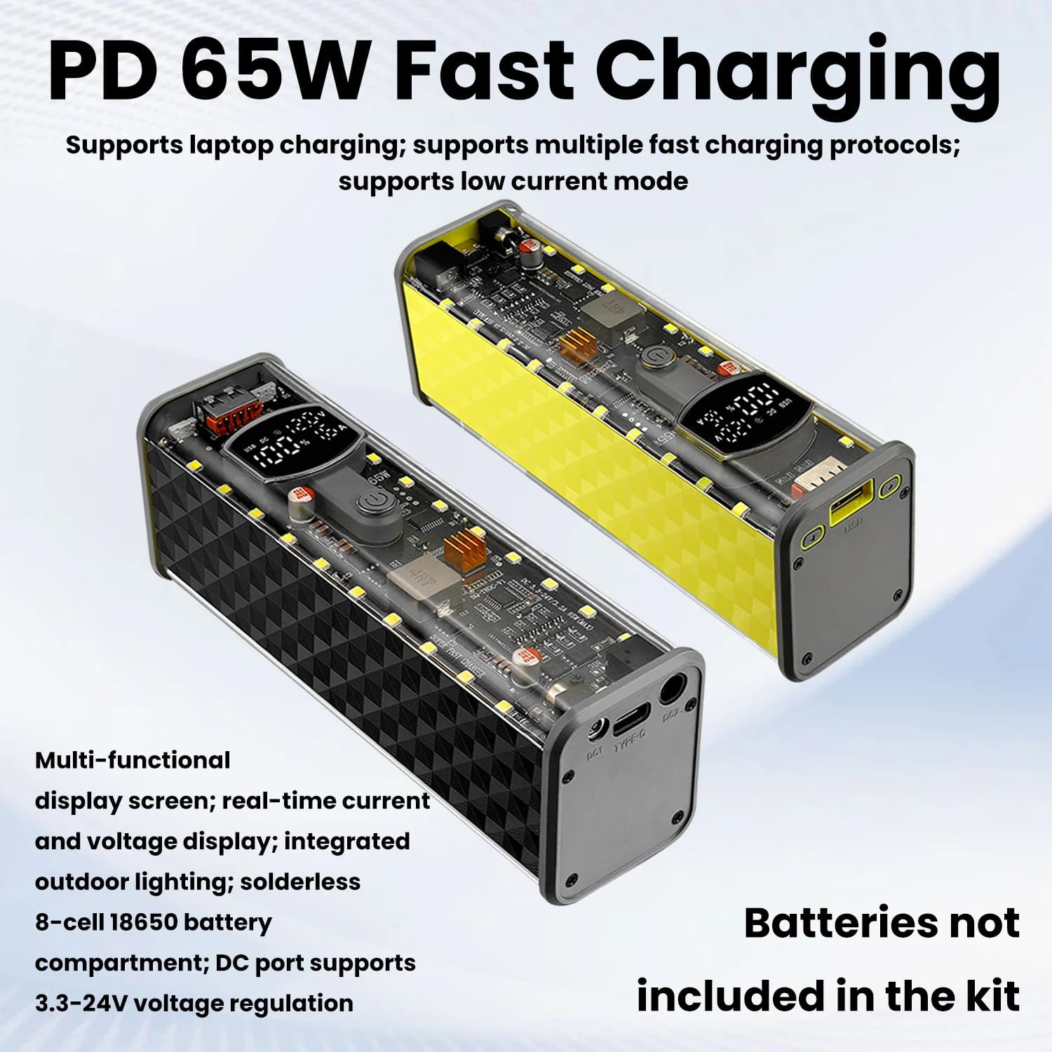 Power Bank PD65W a Ricarica Super Veloce, Custodia Trasparente per Batterie 18650 a 8 Celle Senza Saldatura con Porte USB + Type-C