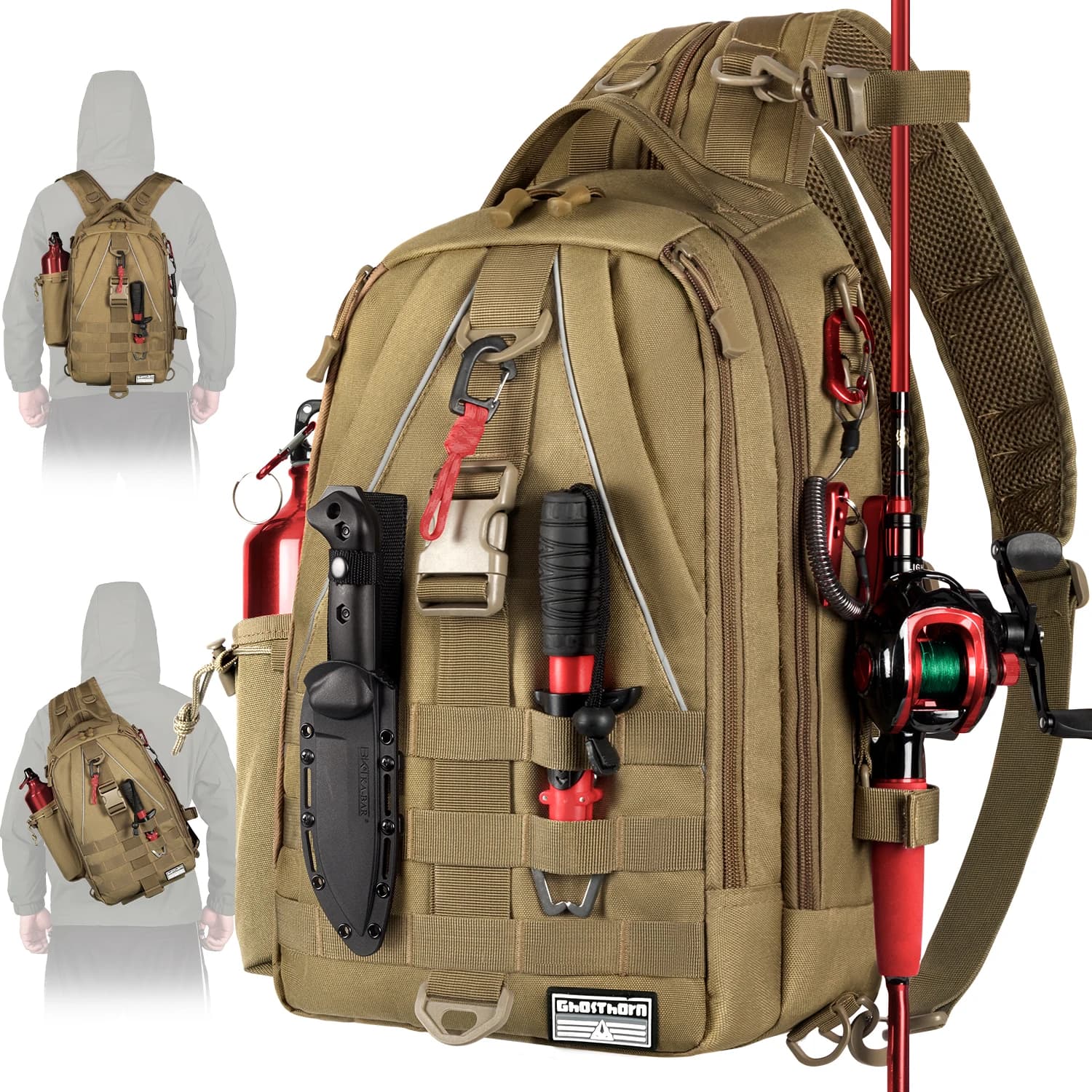 Ghosthorn Fishing Large Backpack Tackle Sling Bag - Fishing Backpack with Rod Holder -Tackle Box Fly Fishing Gifts for Men Women