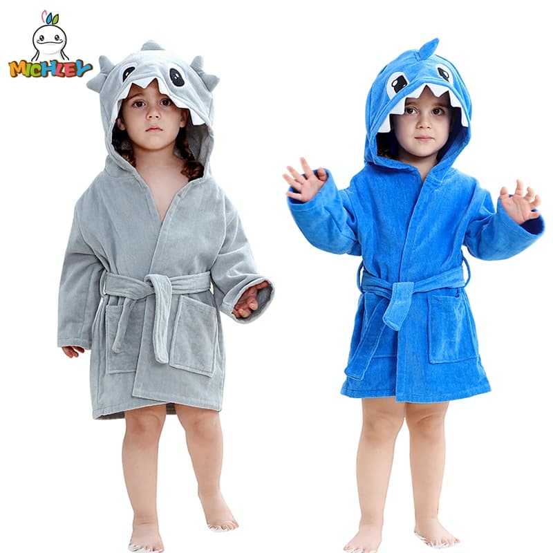 MICHLEY Shark Dinosaur Hooded Baby Bathrobe Cotton Soft Infant Bath Towel Robe Pajamas For Kids Boy Girl Children 1-5T