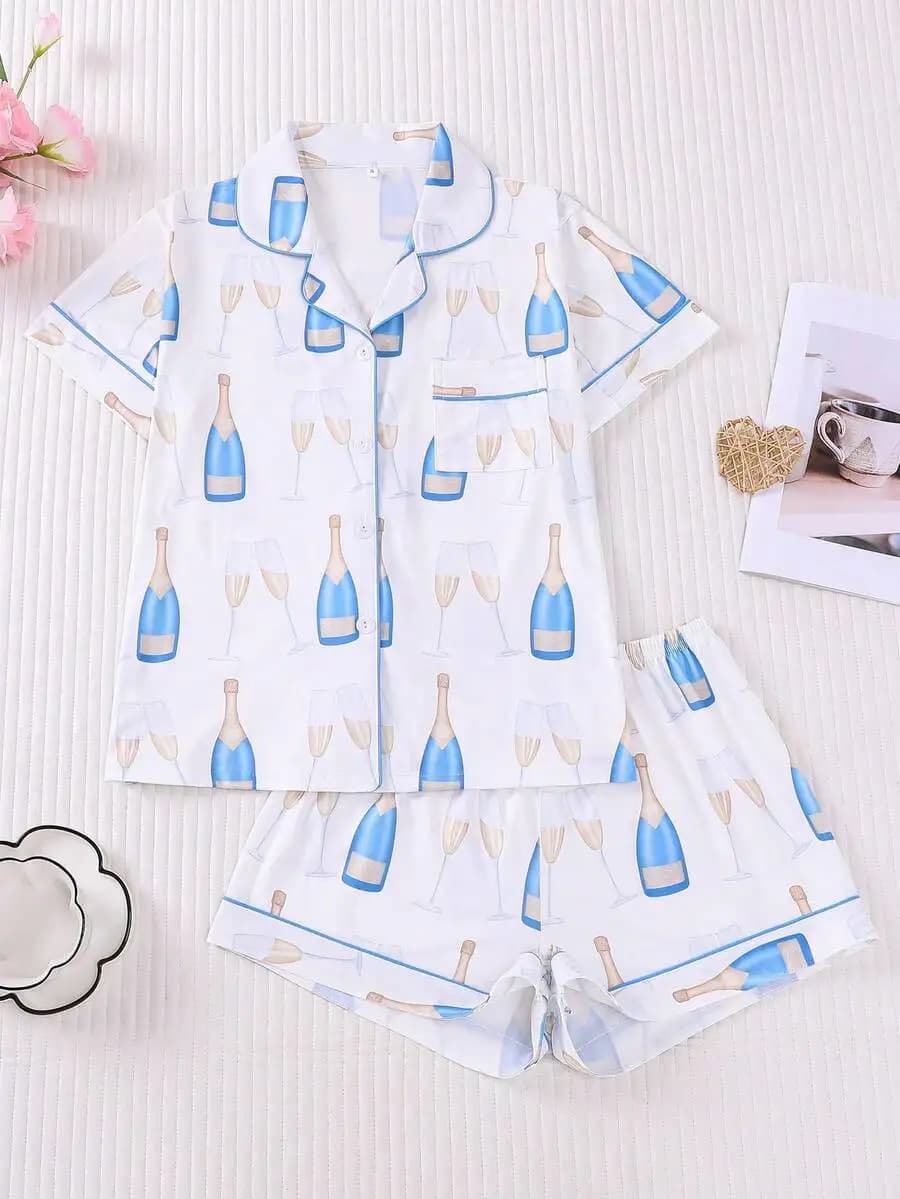 Womens 2-Piece Sleepwear Set With Beverage Print, Short Sleeve Button-Up Shirt And Elastic Shorts, Casual Loungewear