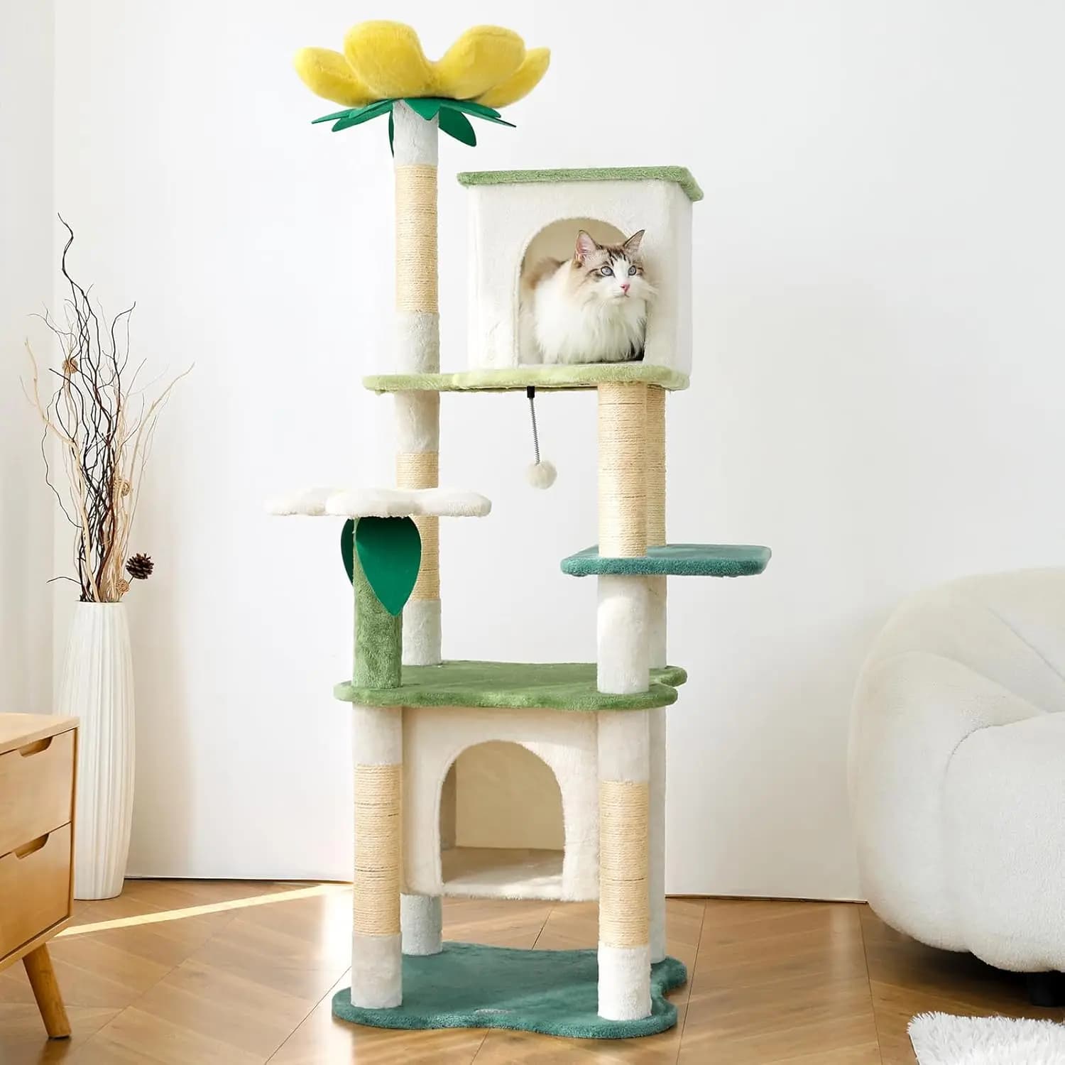 Torre per Gatti a Forma di Avocado da 64,5 Pollici con Tiragraffi, Pallina in Peluche, Piattaforma Multilivello per Gatti da Interno