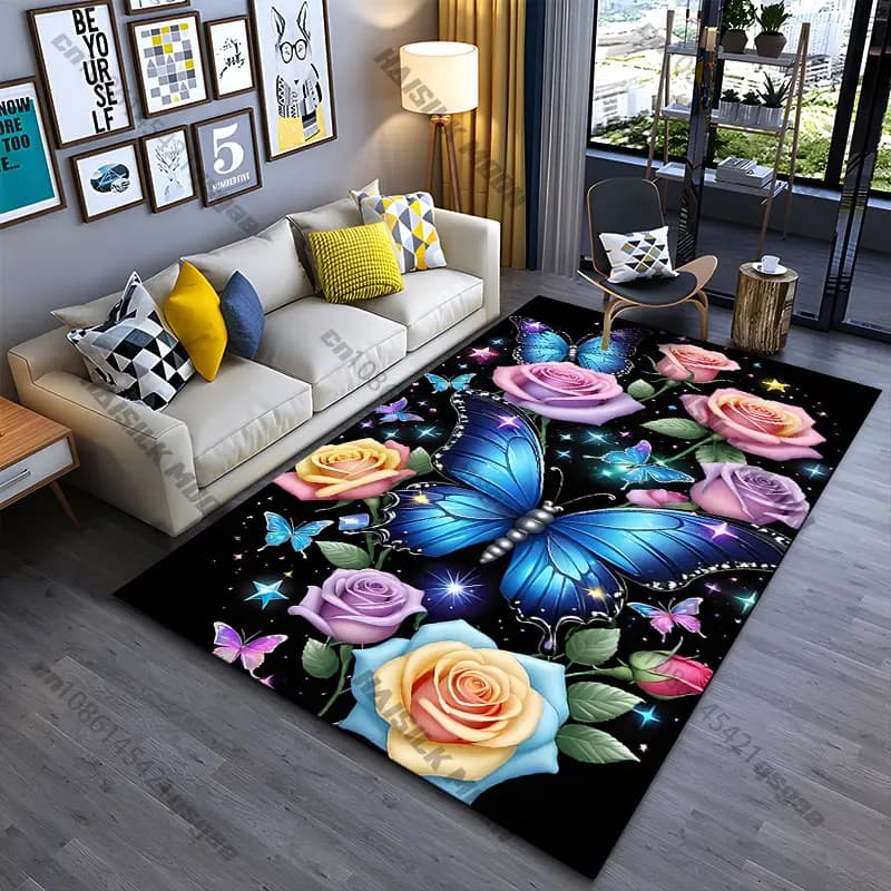 Tappeto con farfalle, rose e stelle notturne, tappeto da yoga, decorazione per soggiorno, tappetino per gattonare per bambini, zerbino, tappeto per area giochi