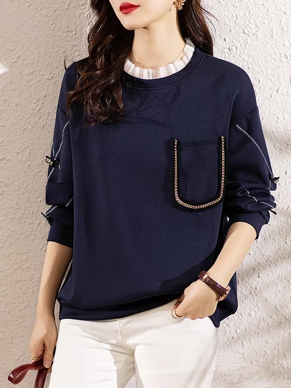 Spring 2026 Large Pocket Hoodie Women's Loose Casual Long Sleeve Lace Splicing round Neck Top Fashionable plus Size Clothing