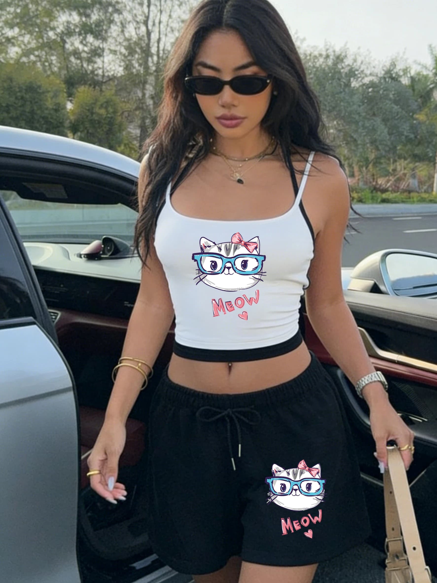 Women's suit Meow Cute Bow Cat Print: Top short fitness tank with American neckline and wide leg shorts with Y2K style coulisse for summer