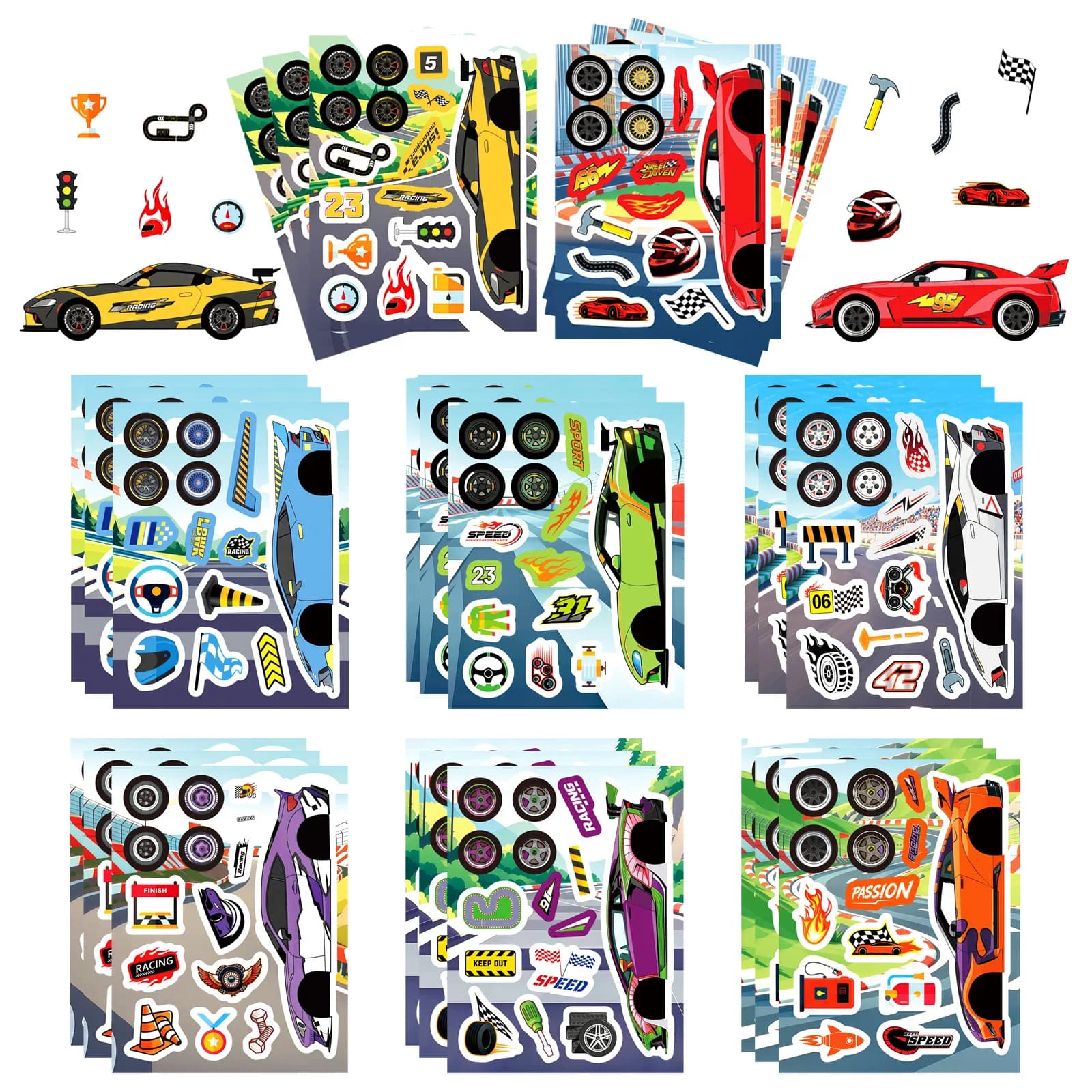 8 Pezzi Adesivi Puzzle Auto da Corsa Fantastici per Creare un Volto, Decorazione per Appassionati di Auto, per Cartelle, Caschi, Computer
