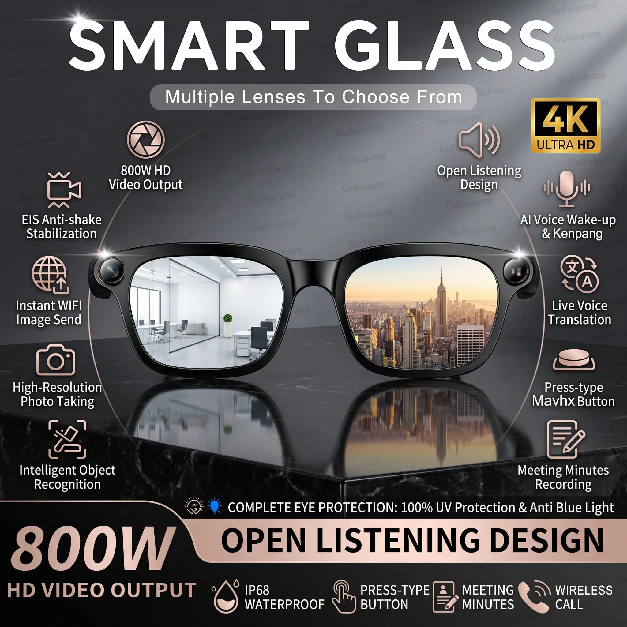 Nuovi Occhiali Smart AI con Fotocamera 4K HD da 800W, Audio Wireless, Doppio Microfono ENC con Cancellazione del Rumore, Occhiali da Sole Sportivi Impermeabili