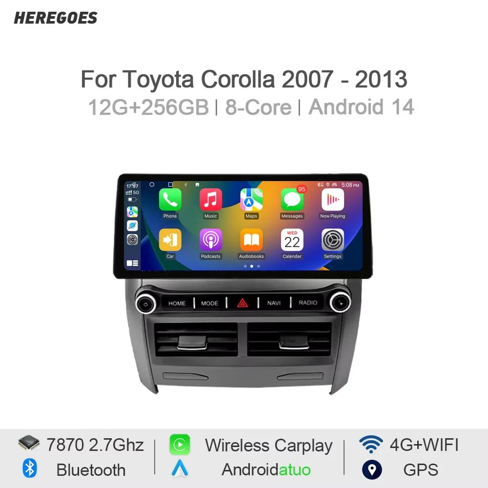 Carplay Auto Android 14 Lettore per auto Navigazione GPS 12 + 256GB Stereo Wifi Bluetooth Autoradio per Toyota Corolla 2007 - 2013