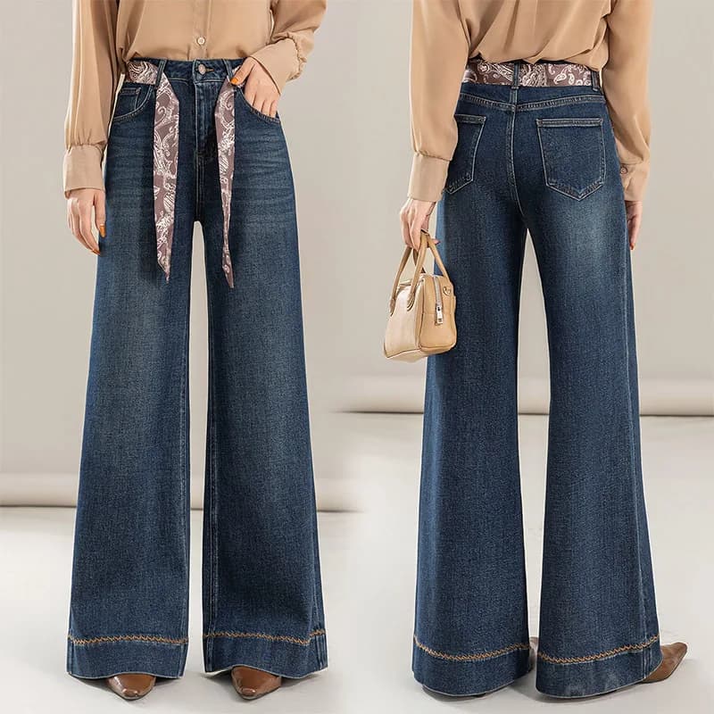 Jeans vintage blu a gamba larga da donna Nuovi pantaloni a gamba dritta versatili drappeggiati larghi a vita alta autunnali