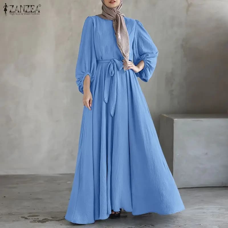 ZANZEA Muslim Modest Maxi Dress Women O-Neck Lantern Sleeve Sashed Loose A-Line Abaya Robes Islamic Hijabis Eid Ramadan Kaftan
