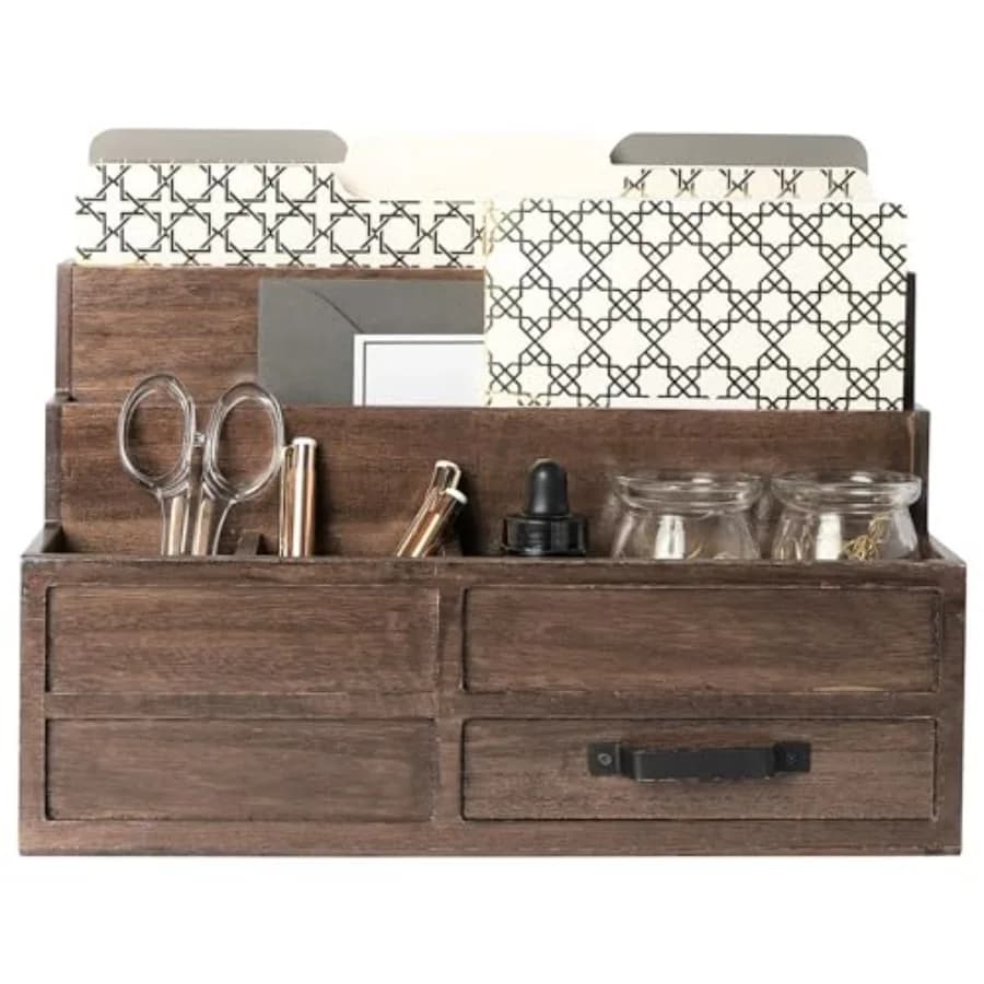 Organizzatore Postale in Legno con Cassetto e Portapenne, Classificatore di Corrispondenza da Scrivania o Cucina, Porta Lettere in Legno