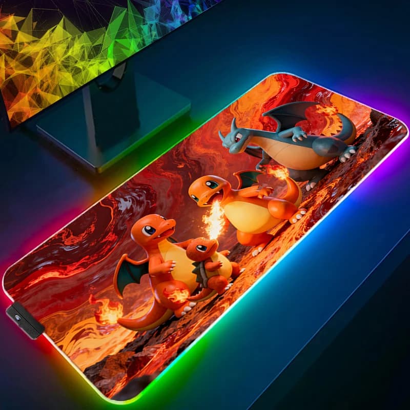 Tappetini per mouse retroilluminati RGB P-Pokemons Charizard Tappeto per computer Laptop Tastiera a LED Pc Anime Mousepad Gaming Tappetino per scrivania da ufficio