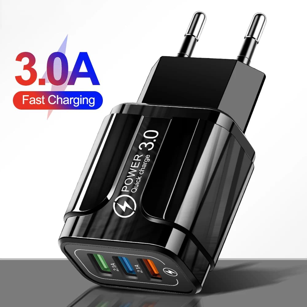 Adattatore da Muro per Ricarica Rapida 18W QC3.0, Caricatore Universale Intelligente a 3 Porte USB, Compatto e Stabile per iPhone, Huawei, Xiaomi, Samsung