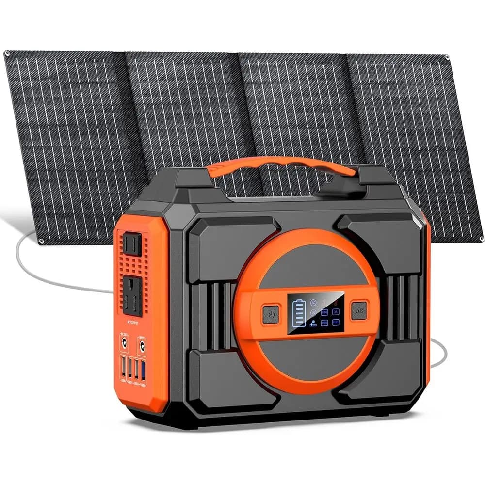 Generatore Solare Portatile da 300W con Pannelli da 40W, Power Bank da 220Wh, Presa AC e 10 Porte DC per Uso Domestico ed Esterno
