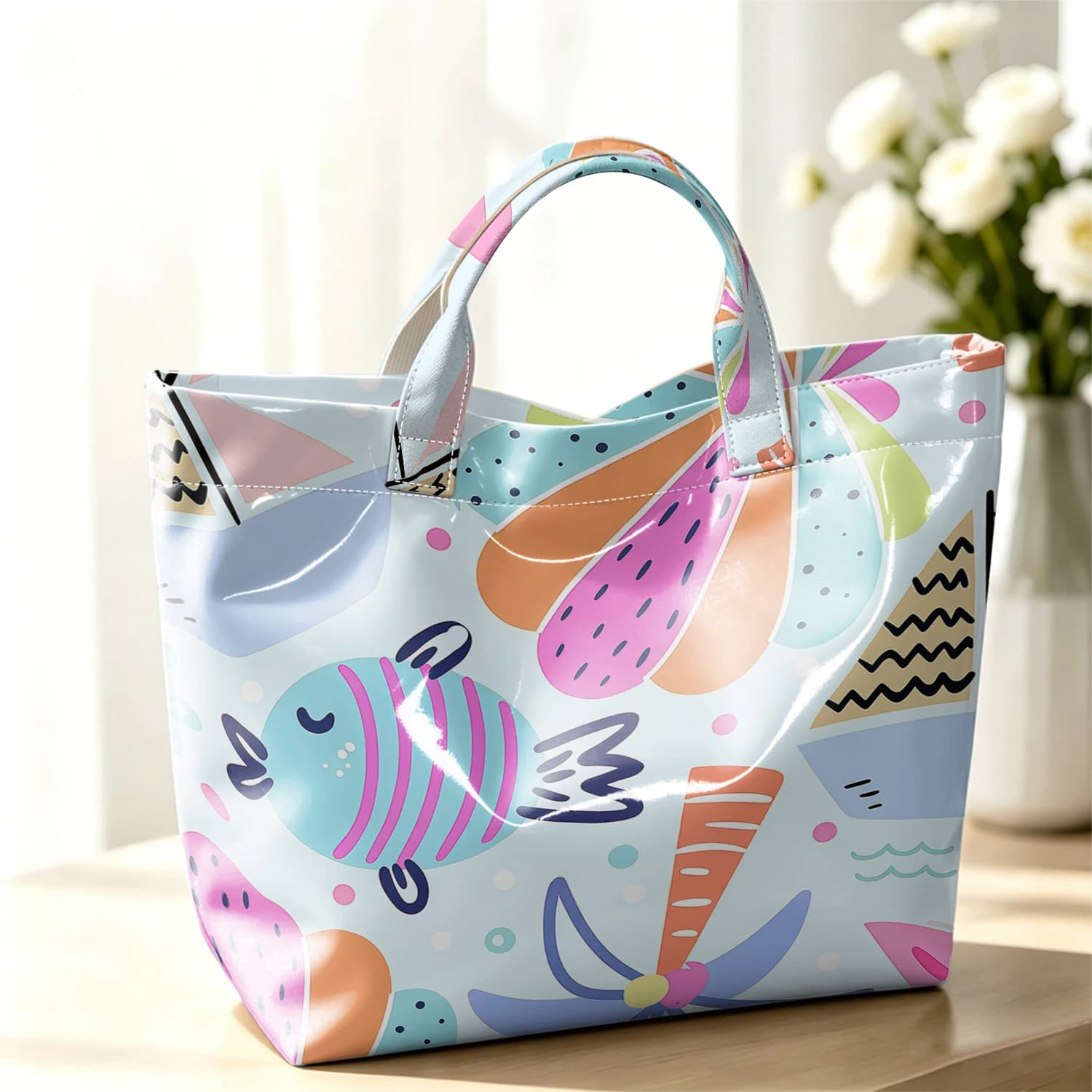 Tropical Cartoon Beach Cute Large Glossy PVC Tote Bag Hand Washable Lightweight Soft for Travel Commute Makeup Storage Handbags