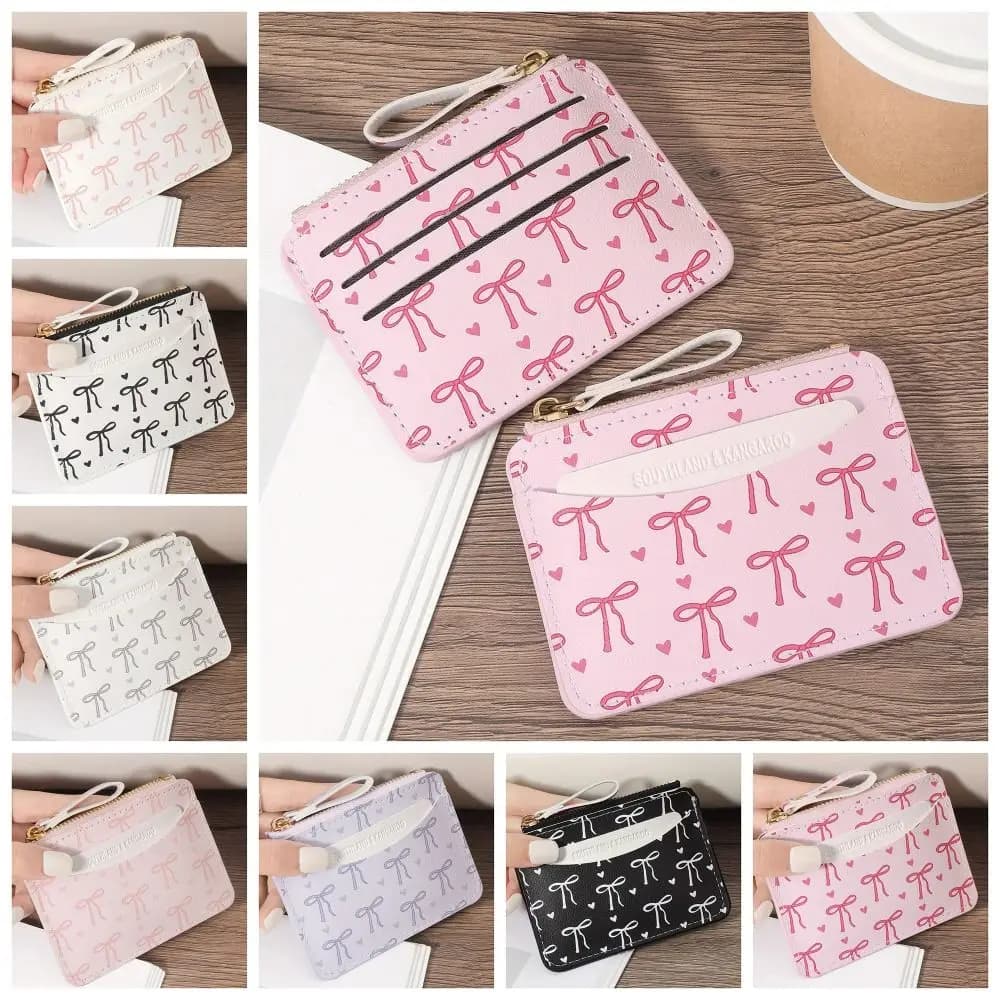 New PVC Credit Card Holder Roomy Slim Zipper Wallet Cute Bow Small Card Case for Women Girls