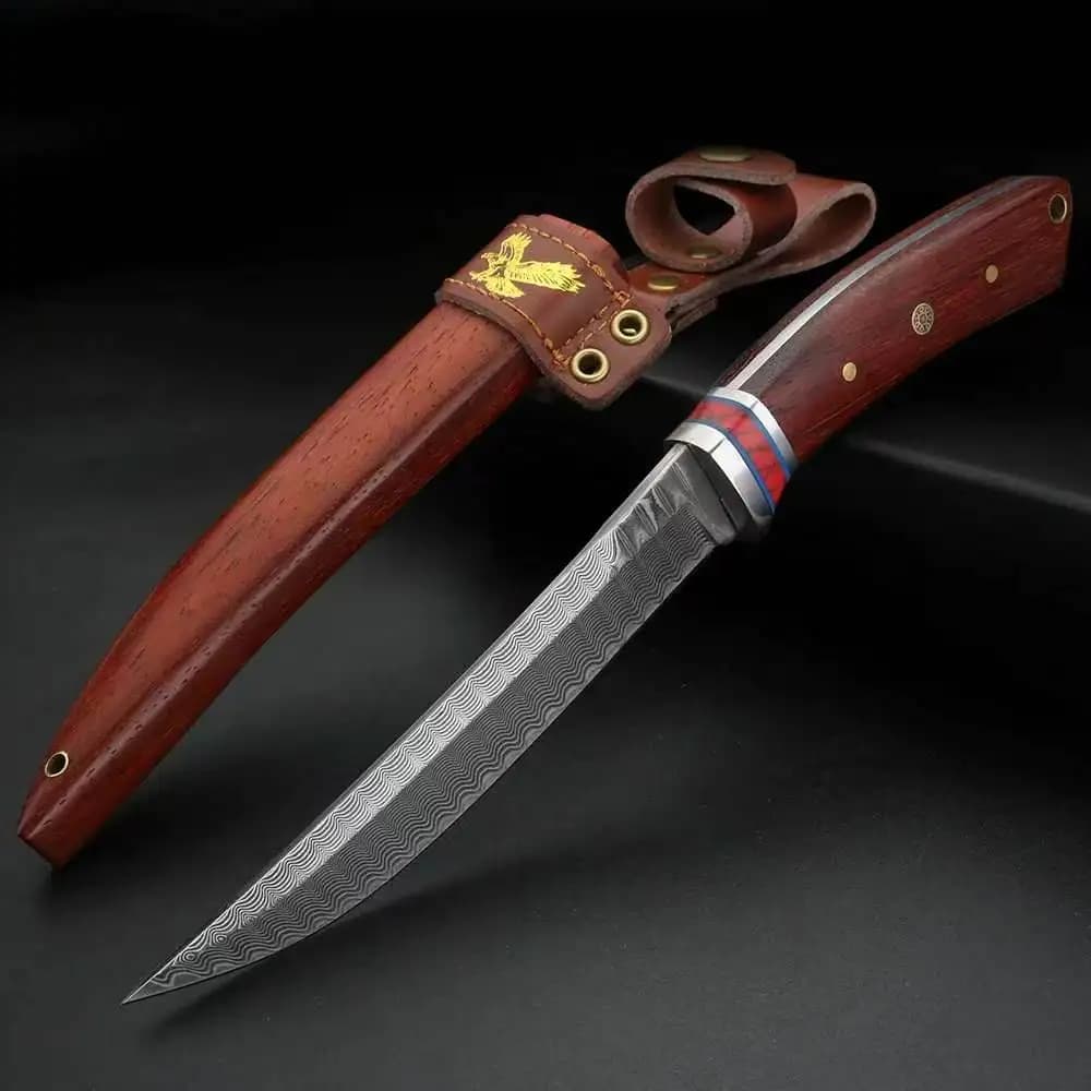 High-hardness Damascus steel straight knife, with a handle, kitchen professional chef fixed-blade fruit knife, barbecue knife, b