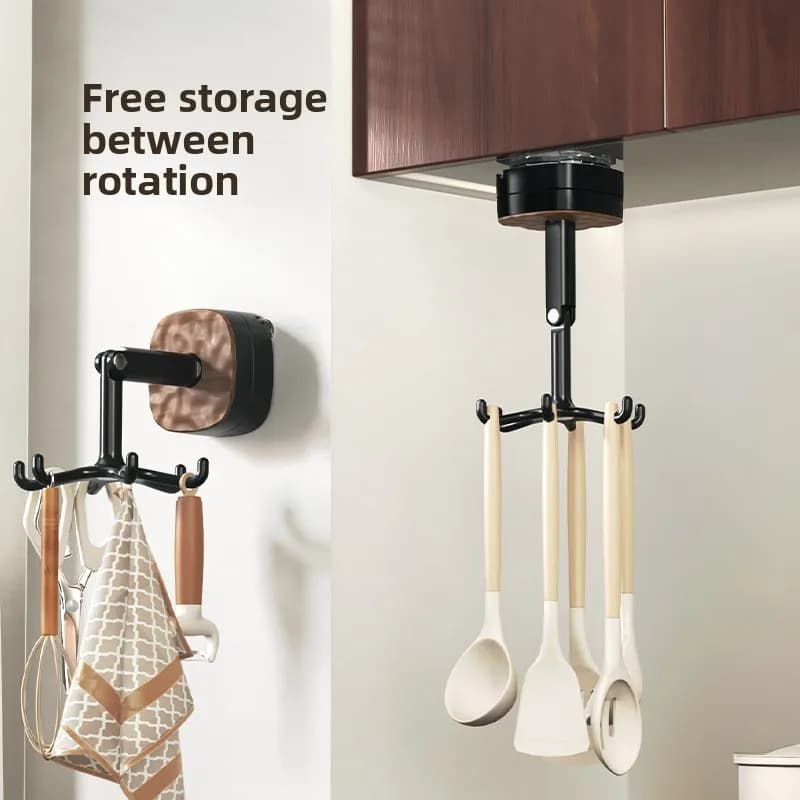 360° Rotating Suction Cup Hook Rack - No-Drill Wall Mounted Storage Shelf for Pots, Spatulas and Kitchen Utensils
