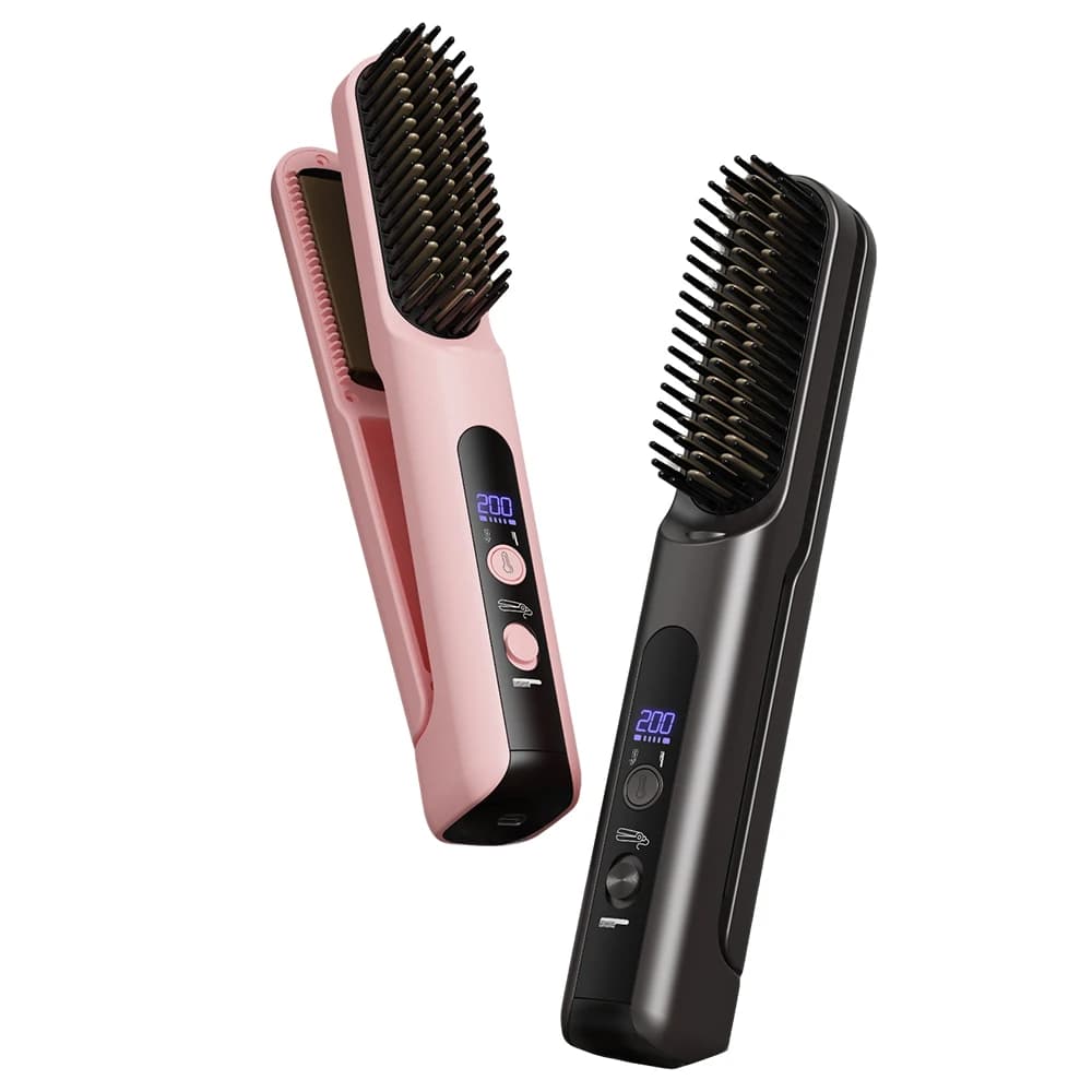 Cordless 2-in-1 Hair Straightener Comb & Flat Iron Stainless Steel Teeth Adjustable Heat USB-Powered Travel Curling Iron Brush