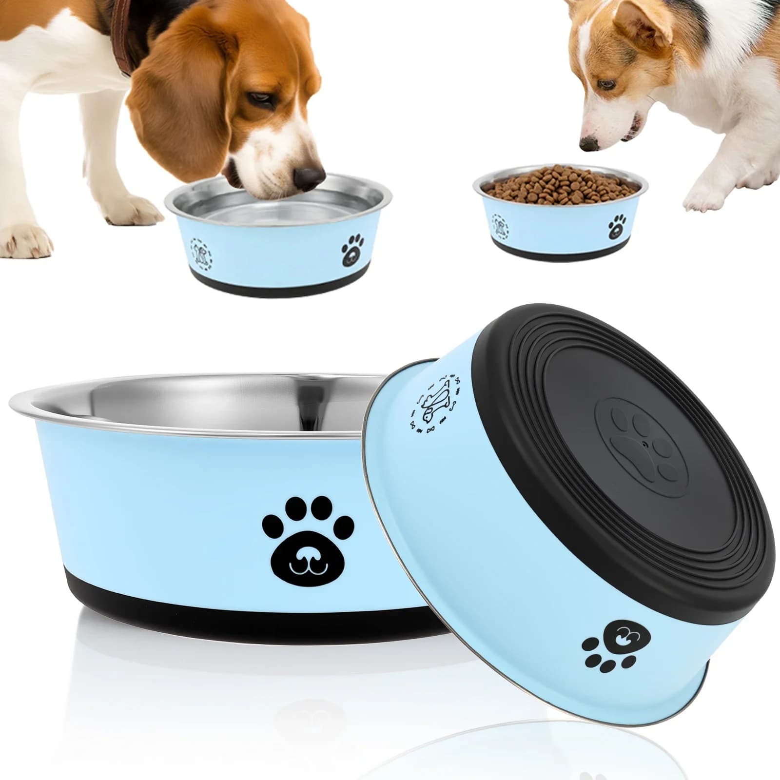 2 Pack Stainless Steel Dog Feeding Bowl with Non Slip Silicone Base Metal Puppy Food Water Feeder Bowl for Dog and Cat Pet Plate