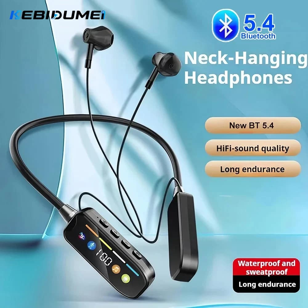 KEBIDUMEI Bluetooth 5.4 Headphones with Screen Neckband Earphones Wireless Headsets HiFi Stereo Sports Earbuds Support TF Card