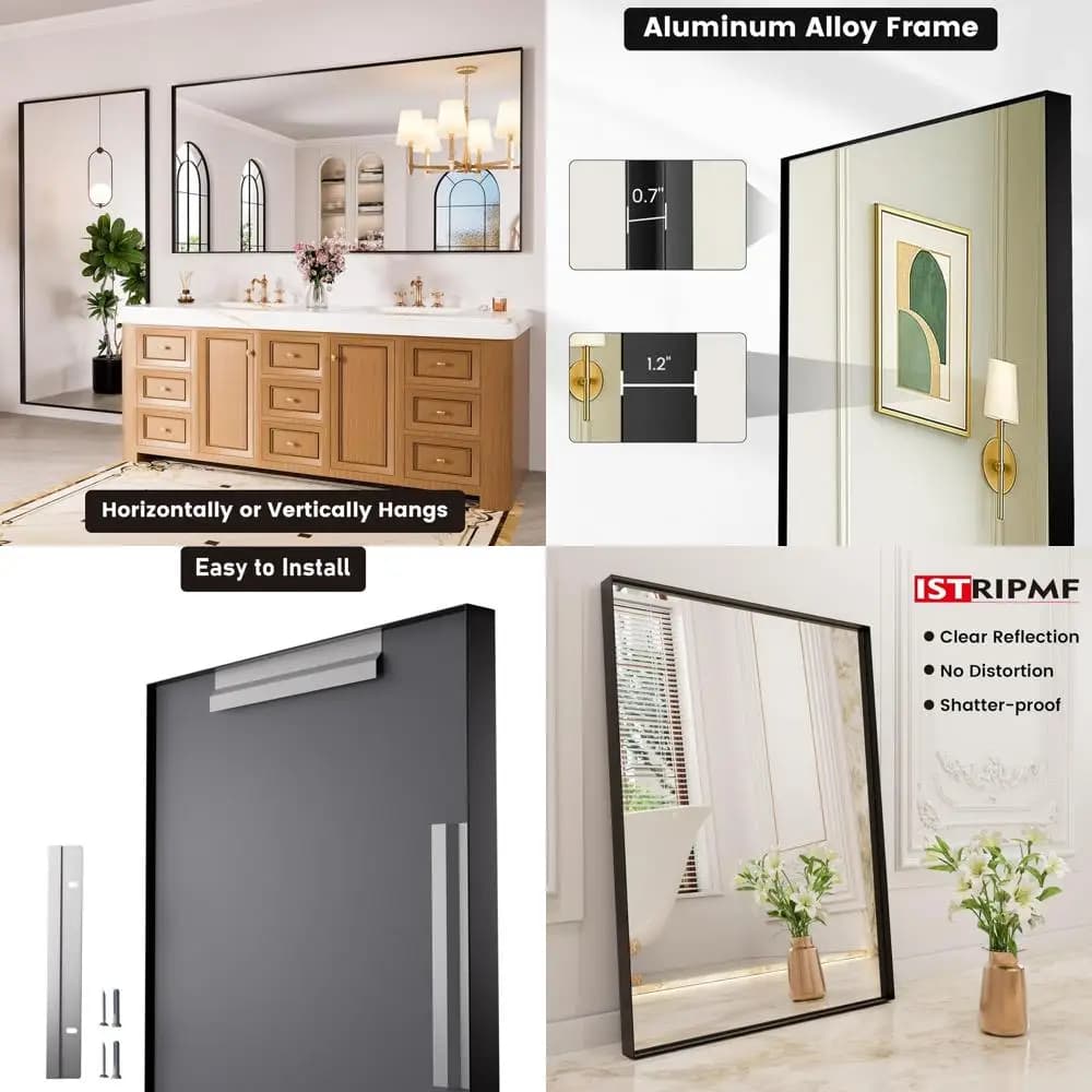 Specchio da Bagno Quadrato Nero Opaco 60x30 Pollici, Resistente alla Ruggine, Antiurto, Ideale per Bagno, Camera da Letto, Soggiorno, Montaggio a Parete