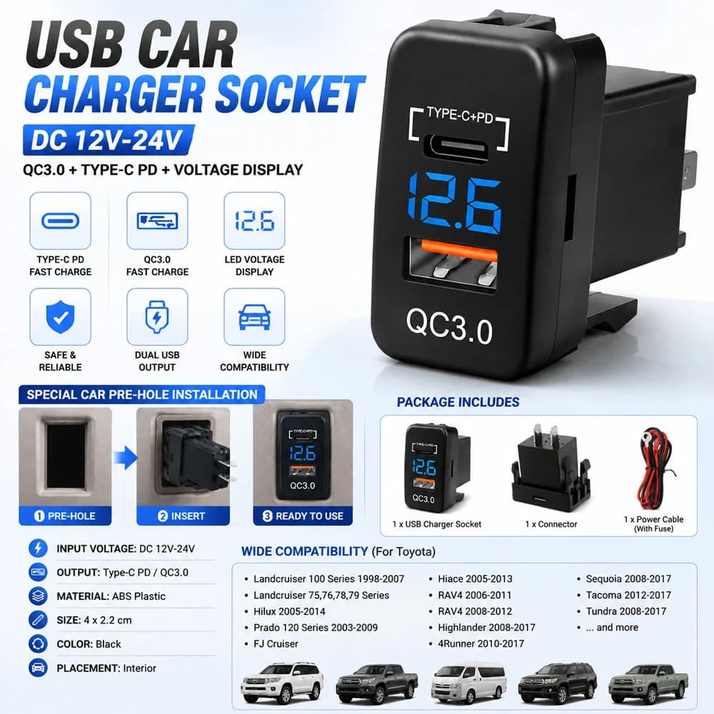 USB C Car Charger PD QC3.0 Dual USB Car Charger Socket 12V 24V Phone Charge Power Adapter For Toyota Motorcycle Boat Marine ATV