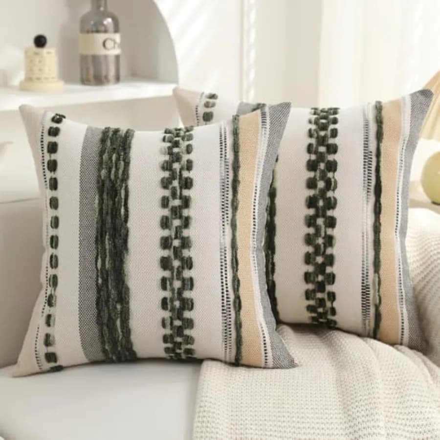 Fodere per cuscini Boho 18x18 (set da 2) per divano - Fodere decorative verdi in ciniglia testurizzata per divano moderno in stile rustico