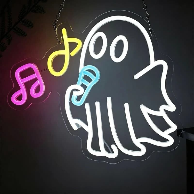 Insegna al Neon a Forma di Fantasma con Nota Musicale, Divertente Luce LED da Parete, Decorazione per Feste di Halloween per Camera da Letto, Bar, Sala Giochi, Regalo Perfetto per Amanti dei Fantasmi