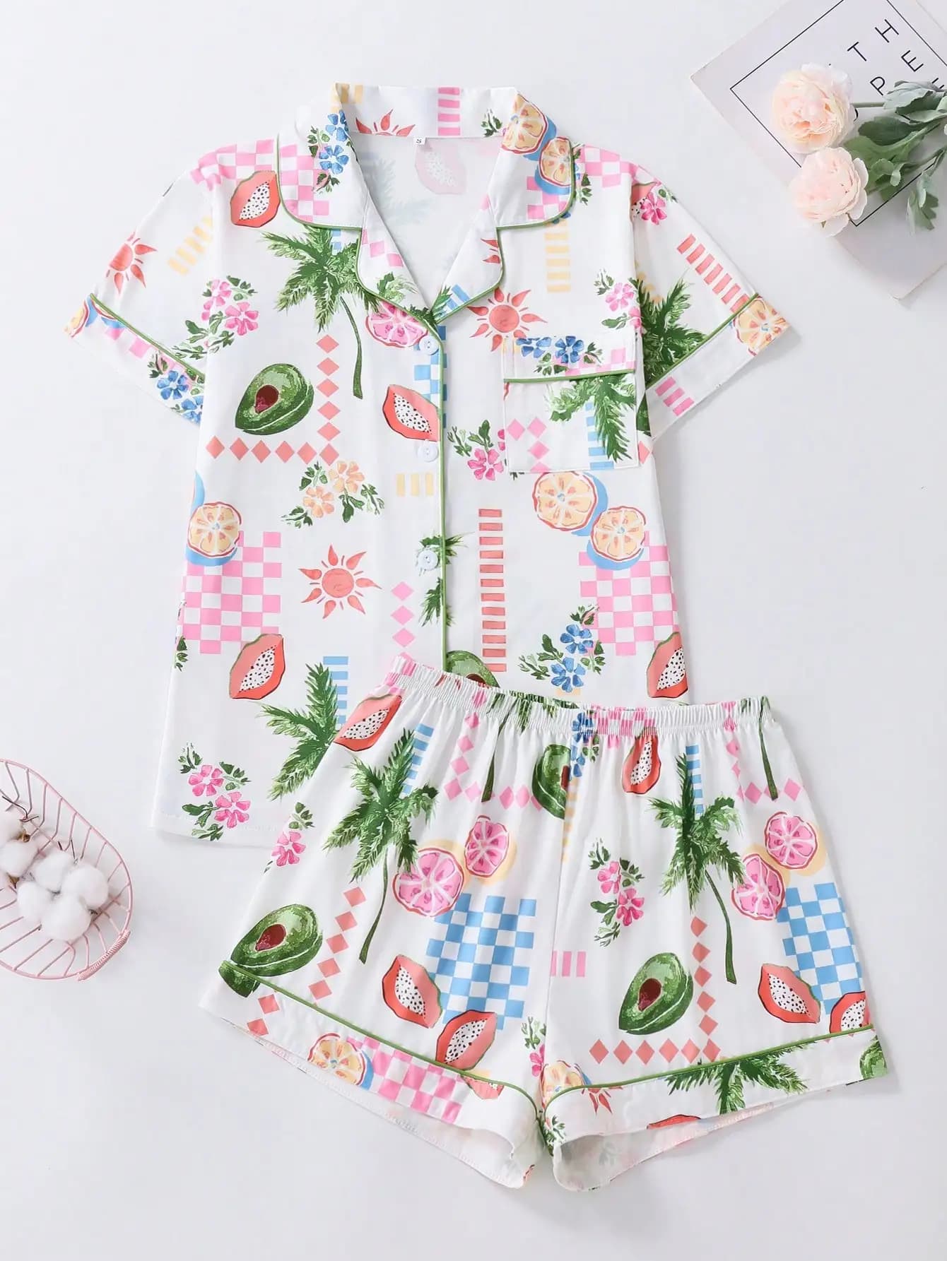 Pigiama da donna con stampa di frutta tropicale, maniche corte e pantaloncini, abbottonatura frontale, abbigliamento da notte estivo