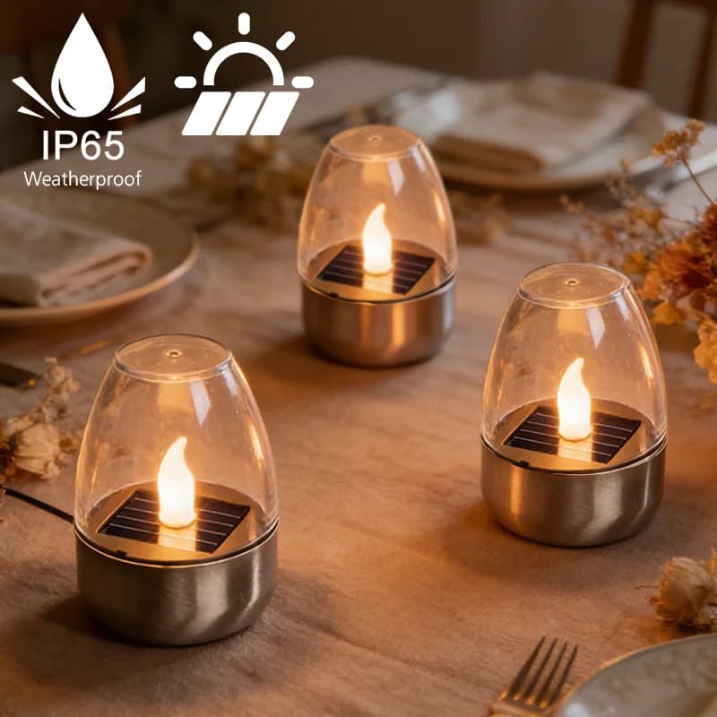 LED sun candles without flame, rechargeable, waterproof night light for garden decorations, atmosphere lamp for weddings and outdoor parties