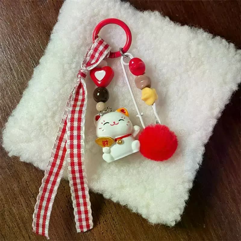 Charming Red Fur Ball Keychain with Adorable Lucky Cat; Humorous Phone Chain Pendant; Bag Hanging Ornament Backpack Charm Gift