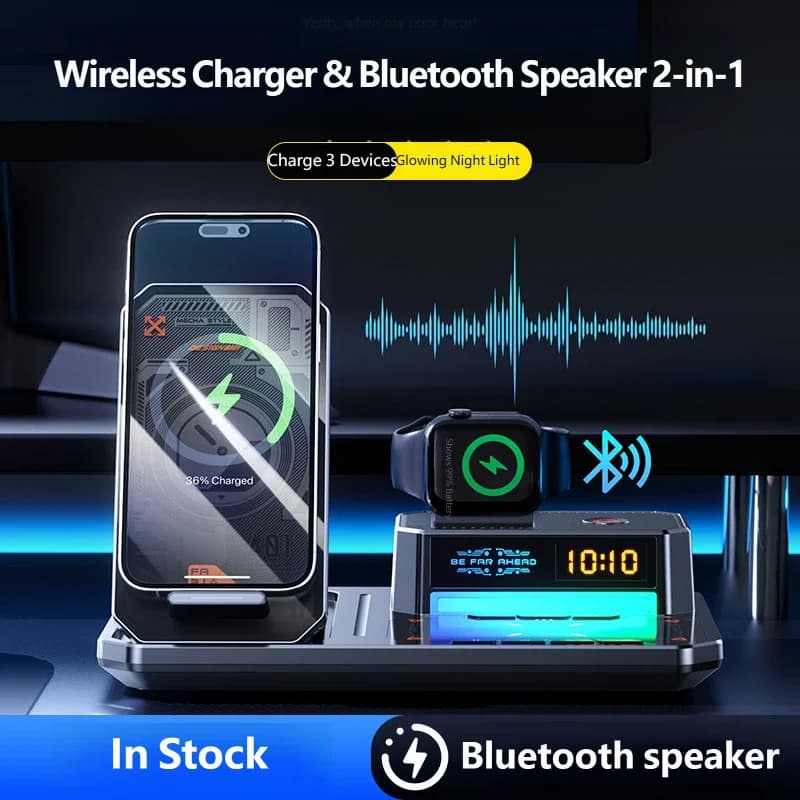 3-in-1 Wireless Charger Station with Automatic Lift Dual-Coil LED Display for Phone Watch Earbuds Fast Charging Dock for Apple