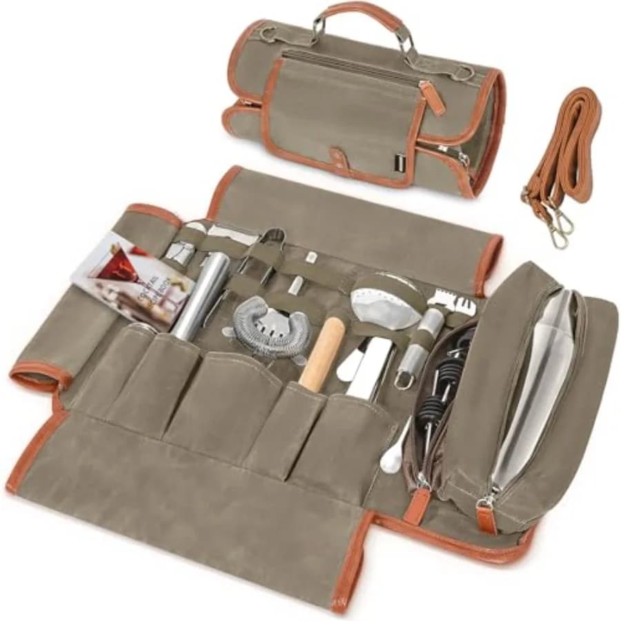 Borsa Kit da Barman da Viaggio con Set Shaker per Cocktail da 22 Pezzi, Borsa Portatile in Tela Cerata per Barman con Barra in Acciaio Inossidabile
